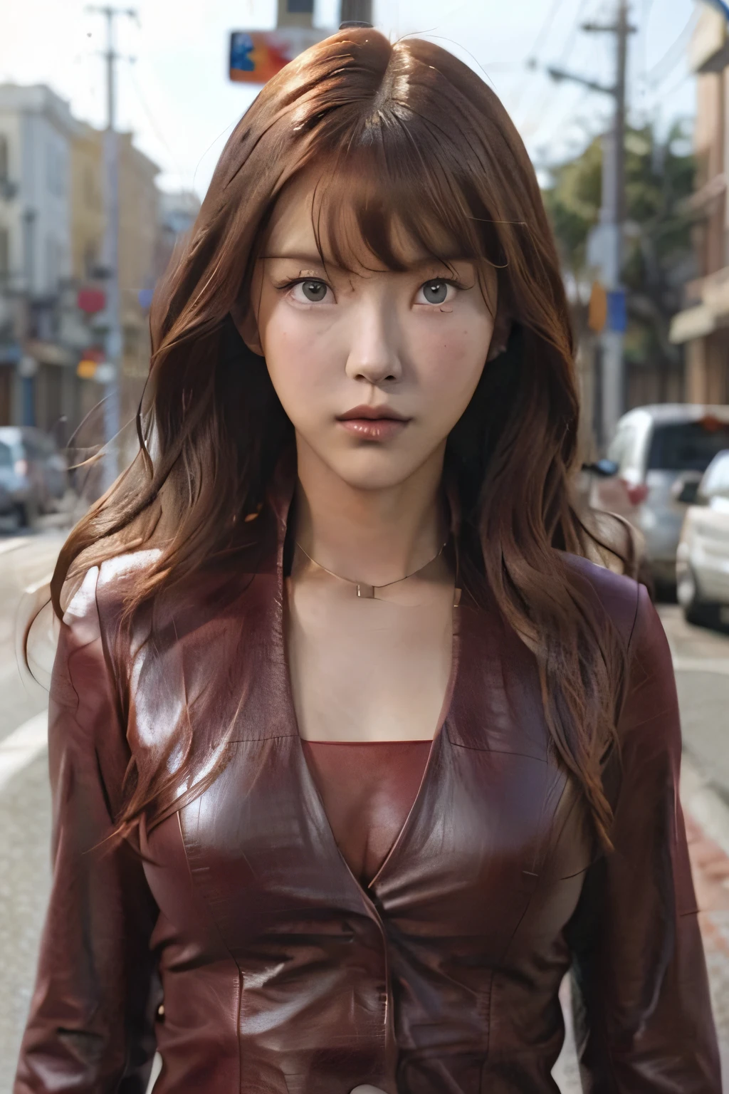 best quality, photorealistic, KristannaTX at a city street, (a female Korean supermodel), (wine red leather jacket:1.0), serious look, (long wavy hair), (dark hair), (hair bangs:1.2), perfect face, perfect eyes, deep focus, clear lighting, daylight, daytime, sunshine