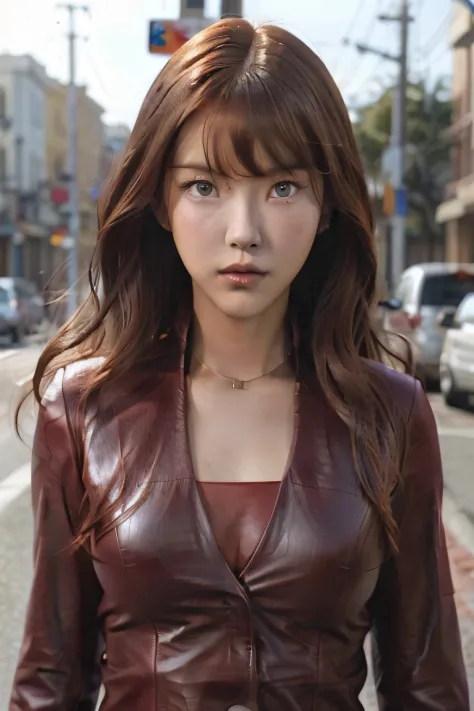 best quality, photorealistic, KristannaTX at a city street, (a female Korean supermodel), (wine red leather jacket:1.0), serious...