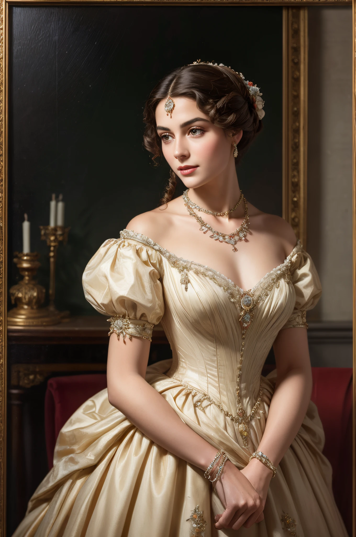 Retrato pintado al óleo de una mujer joven con un vestido de gala, con cabello lujoso, en un collar brillante, al estilo de Eugene von Blaas