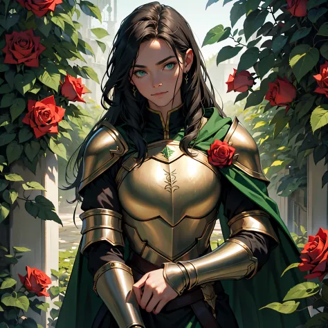 ​masterpiece, best quality, super detail 4k,loki armor and green cloak, mature female knight, dark green long straight hair, bac...