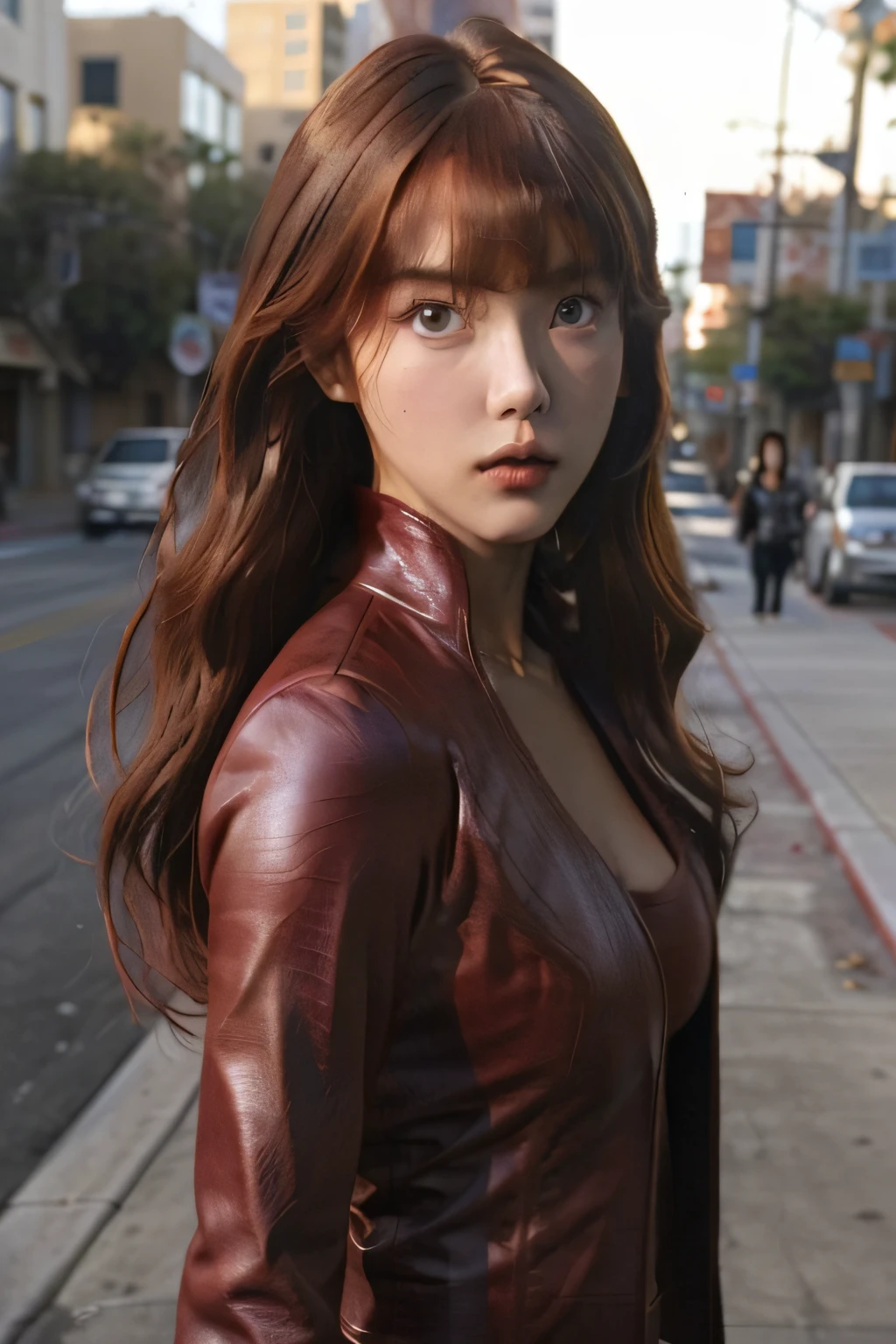 best quality, photorealistic, KristannaTX in a los angeles city street, (a female Korean supermodel), (wine red leather jacket:1.0), seducing look, (long wavy hair), (dark hair), (hair bangs:1.2), deep focus, clear lighting, daylight, daytime, sunshine