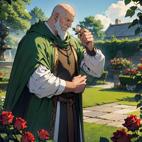 ​masterpiece, best quality, super detail 4k,green cloak, tall bald old man tending a rose garden....., background with : medieva...