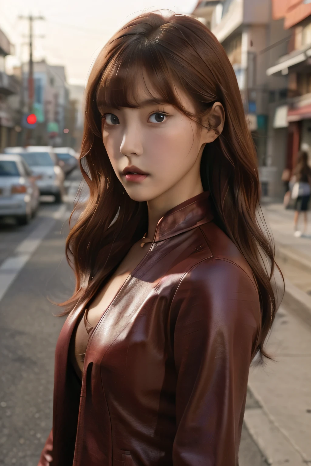 best quality, photorealistic, KristannaTX at a korean street, (a female Korean supermodel), (wine red leather jacket:1.0), serious look, (long wavy hair), (dark hair), (hair bangs:1.2), perfect face, perfect eyes, deep focus, clear lighting, daylight, daytime, sunshine