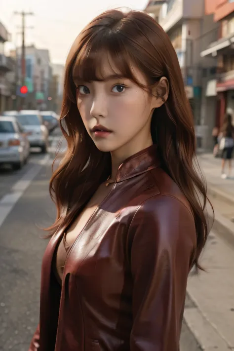 best quality, photorealistic, KristannaTX at a korean street, (a female Korean supermodel), (wine red leather jacket:1.0), serio...