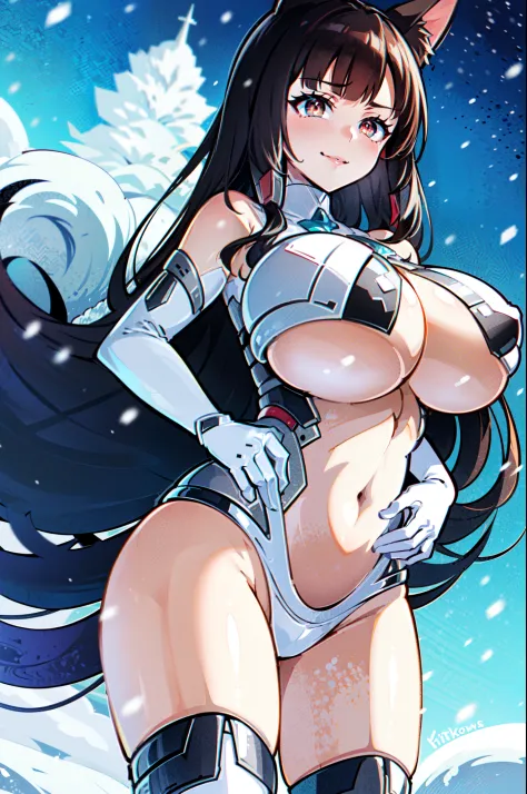 masterpiece, best quality, extremely detailed, 1girl, milf, solo, akagi, (huge breasts:1.3), (((black hair, very long hair, red eyes, slit pupils, fox ears, fox tail, kitsune))), parted lips, (((outfit-gh2, elbow gloves, white gloves, white thighhighs))), ...