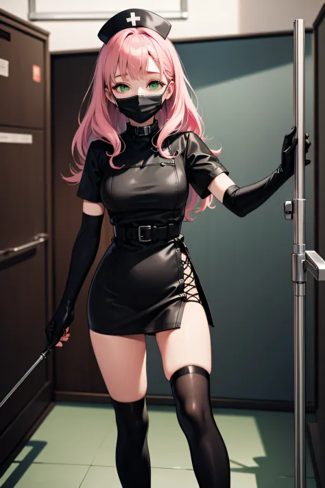 black nurse, 1girl, solo, black nurse cap, black wear, ((black legwear, zettai ryouiki)), black elbow gloves, pink hair, green eyes, drooping eyes, ((black surgical mask, covered nose)), standing, ((surgery room)), sharp outline, short sleeves, best qualit...