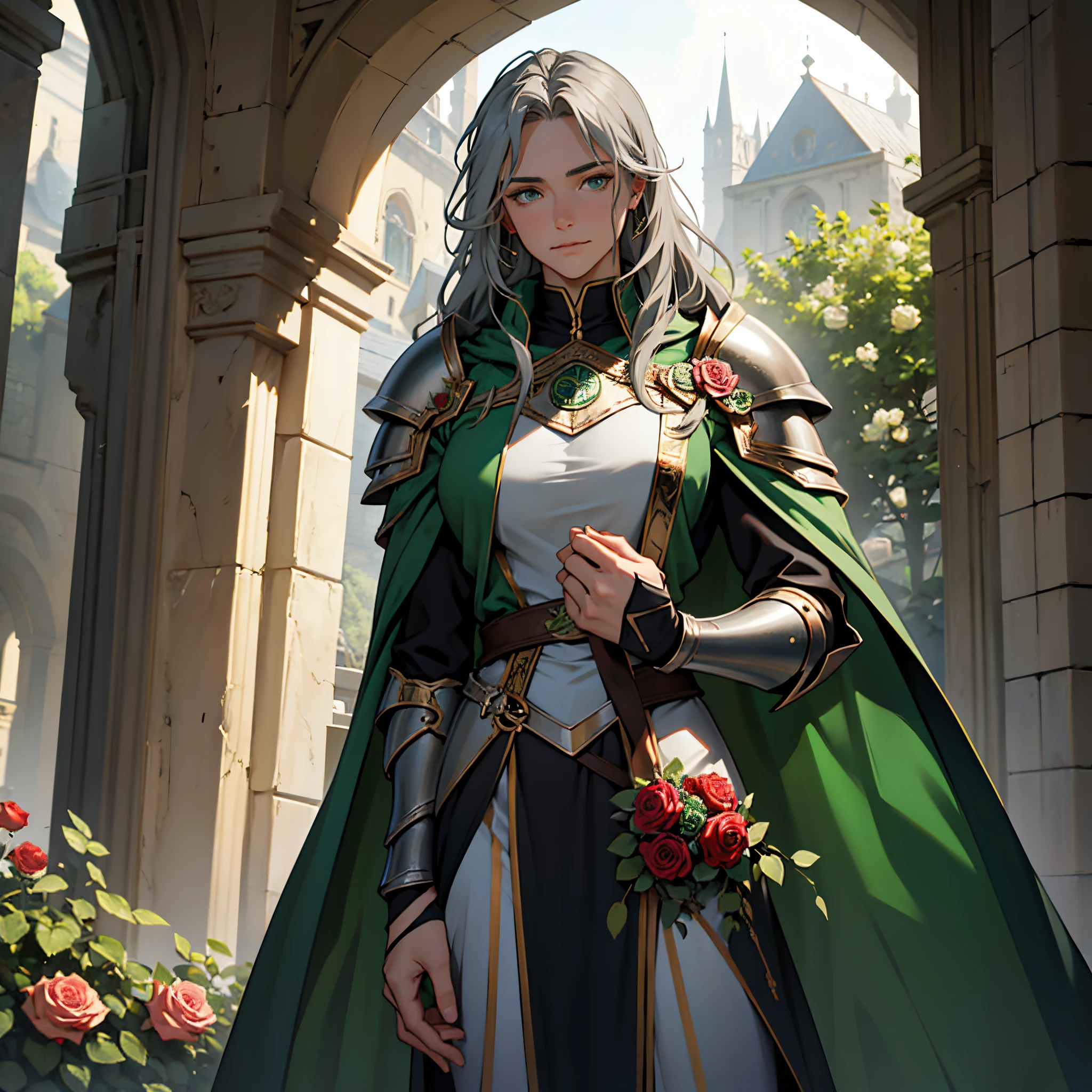 ​masterpiece, Best Quality, Super Detail 4K,Loki armor and green cloak, mature female knight, Long straight hair with gray hair, holding a rose in hand, Background with : Rose garden with medieval roses