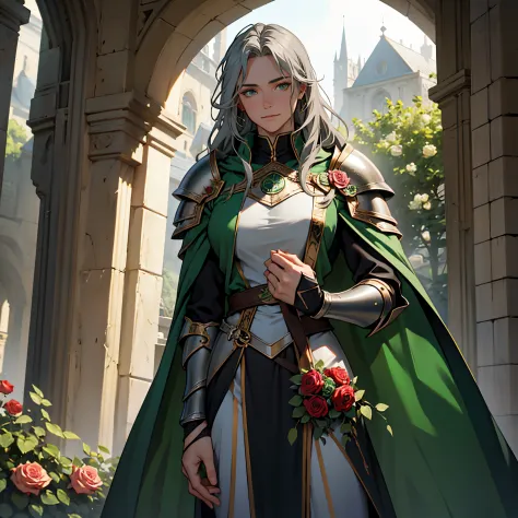 ​masterpiece, Best Quality, Super Detail 4K,Loki armor and green cloak, mature female knight, Long straight hair with gray hair,...