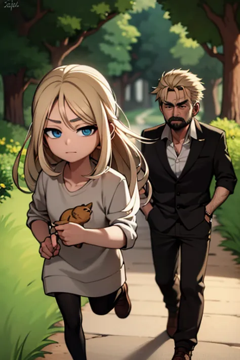 a blonde haired man  with blue eyes and long hair and a dark beard is holding a black cat in the woods