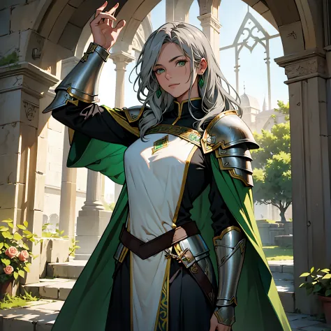 ​masterpiece, Best Quality, Super Detail 4K,Mature female knight wearing Loki armor, green cloak....., Long straight hair with g...
