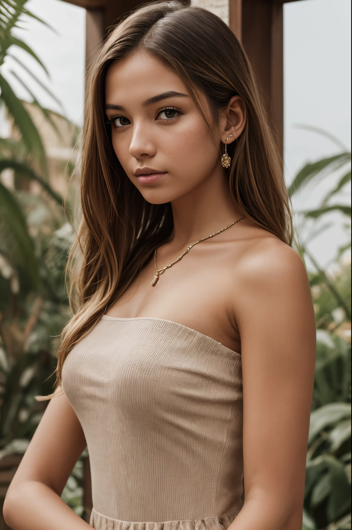 full shot, 1 girl, age19, Solo, Long hair, Looking at viewer, (blonde hair), standing outside a home made from Lincoln logs, Bare shoulders, Brown eyes, jewelry, Full body portrait, off shoulders, Realistic, confident expression, determined, dramatic, ultra-high res.photorealistic:.1.4, (high detailed skin:1.2), 8k uhd, dslr, high quality, film grain, Fujifilm XT3