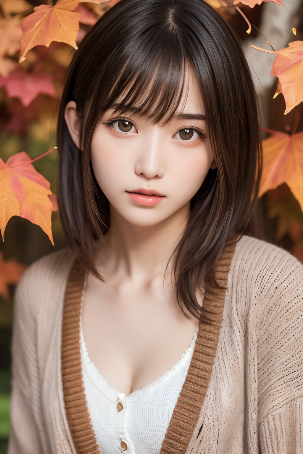 masterpiece, Best Quality, One girl, (a beauty girl, Delicate girl:1.3), (16 years old:1.3), Very fine eye definition, (Symmetrical eyes:1.3), (autumn leaves:1.2), (girly fashion, knit cardigan:1.3), Small breasts, Brown eyes, Parted bangs, Brown hair,  girl, (Eyes and faces with detailed:1.0), (close up to face, zoom in face, face focus:0.1)