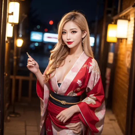 ((top-quality、masutepiece、8K、Top image quality、Very complex and detailed details))、1 beauty、red and gold courtesan costume、The most gorgeous and gorgeous courtesan furisode、Gorgeous courtesan kimono、Luxurious tan、(a blond、Beautiful blonde、Tastefully put to...