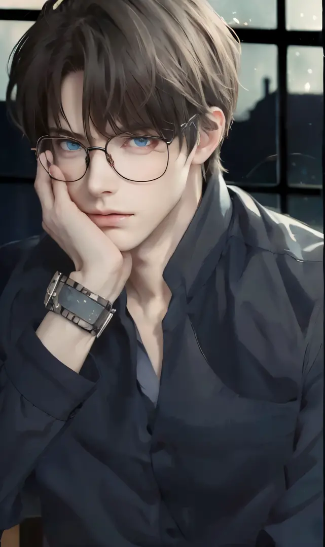 boy with glasses and a watch sitting in front of a window, handsome man, handsome pose, tall guy with blue eyes, portrait of a h...