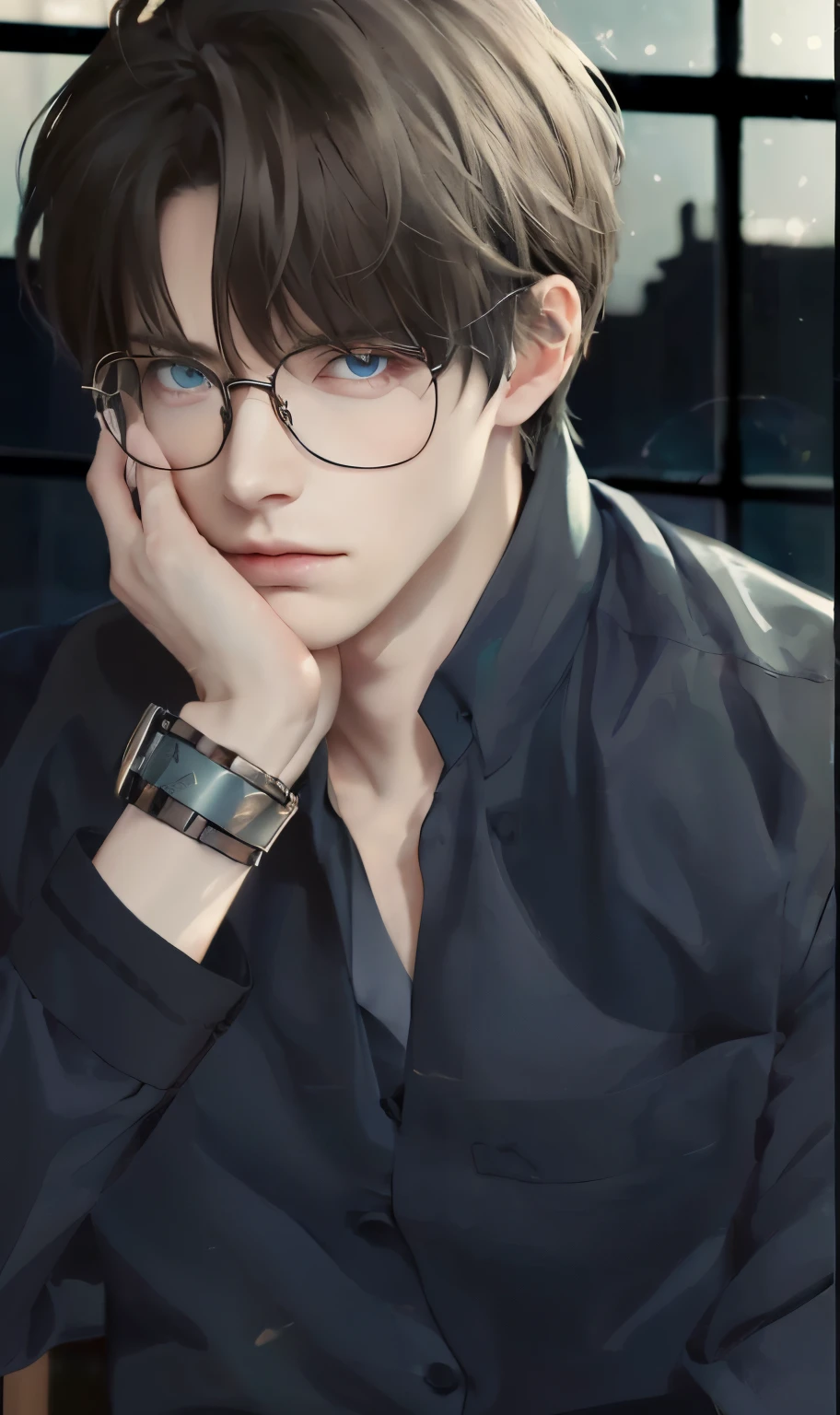 boy with glasses and a watch sitting in front of a window, handsome man, handsome pose, tall guy with blue eyes, portrait of a handsome man, delicate androgynous prince, male anime style, high quality fanart, beautiful androgynous prince, he wears an eyepatch