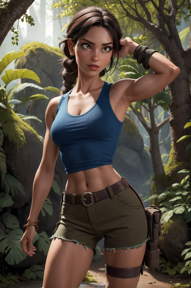 Lara Croft Tomb Raider, blue tank top, torn, sexy, Deusa da sensualidade, Corpo perfeito, Seios empinados e perfeitos, Beleza angelical, Corpo com curvas, pose sensual, Corpo inteiro, Scenery and an Enchanted Forest, Hiper realista, Cores Fortes e vibrantes, 1girl, solo, one girl