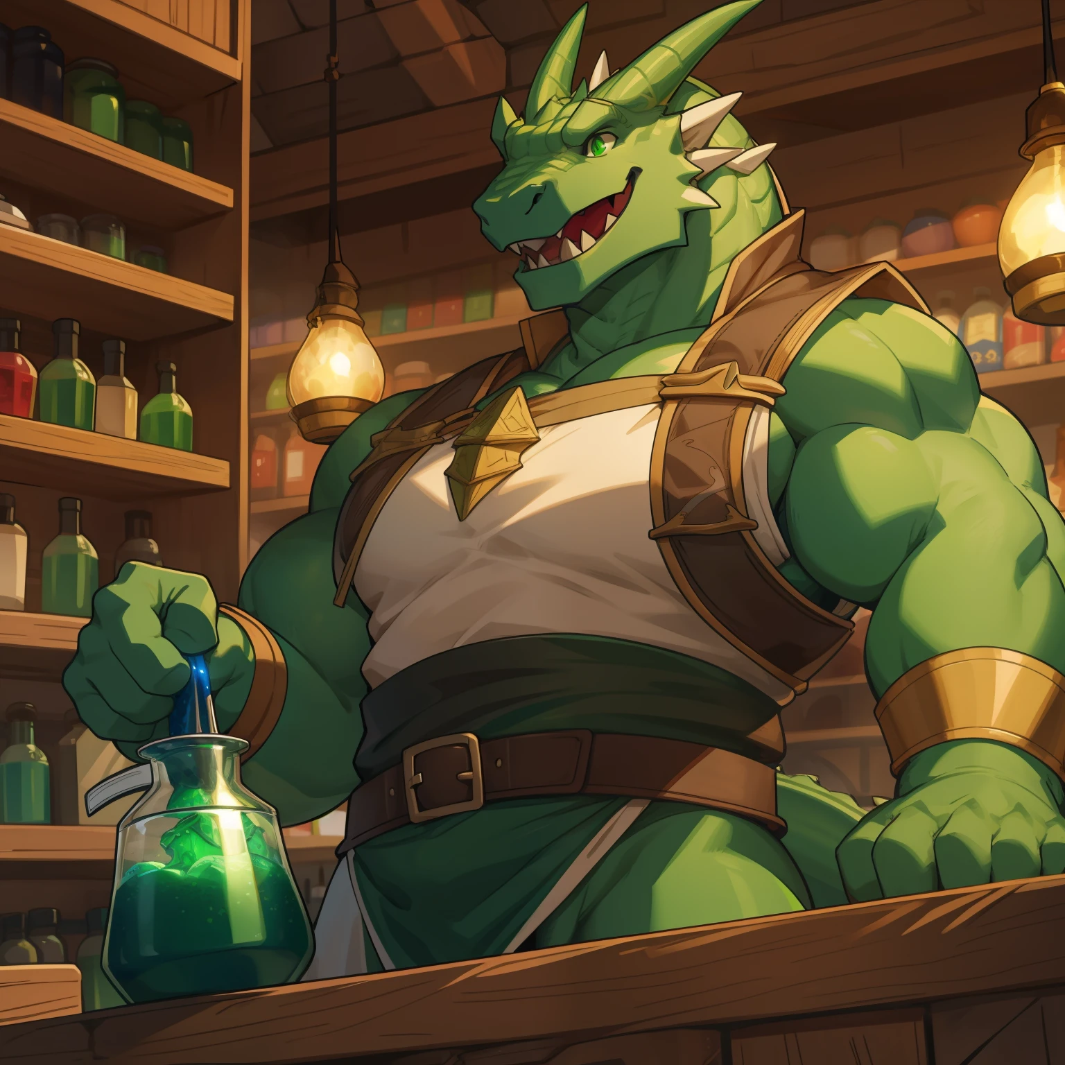 Массивный зеленый дракон в обтягивающей средневековой одежде с массивной выпуклостью приветствует вас с приветливой улыбкой у прилавка в магазине, полном светящихся зелий.