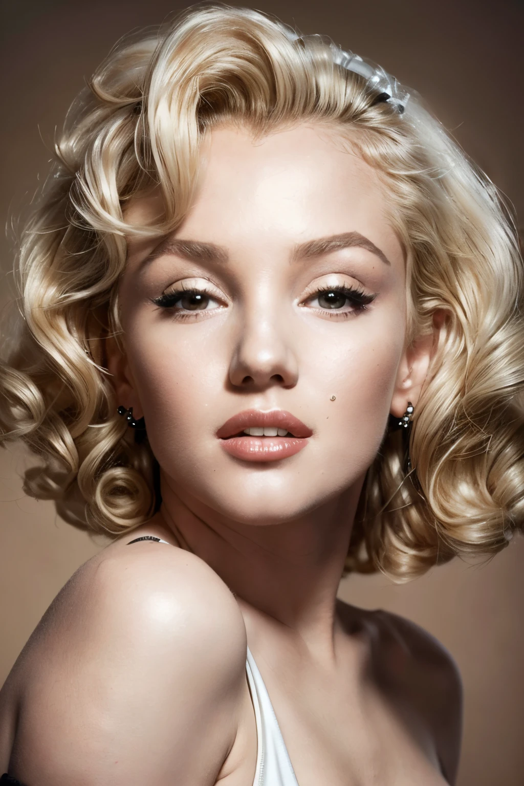 (Masterpiece),8k, ultra high quality, ((20 yo) Marylin Monroe) with (((((small)))+lips)), ((perfect+((small))+(rounded)+nose+(small+nose bridge)+((feminine))+nose)), ((blonde wavy curly hair)), ((brown))+eyes, wearing a beauitful (feminine) (black) grown, headshot