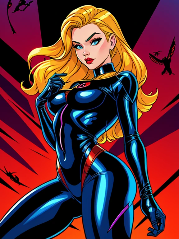 um desenho animado de uma mulher vestida de viúva negra e cabelo loiro, J.. Scott Campbell, J.. Scott Campbell, menina gato atraente, personagem de quadrinhos, Vilania, Retrato de corpo inteiro de Gwen Stacy, viúva Negra, personagem cômico, Canário preto,  do gato, Design de personagens de quadrinhos dos anos 90, gatinha, vestindo um macacão preto, inspired by J.osé Comas Quesada, inspirado em J.. Scott Campbell, estilo quadrinhos, arte linear, vetor, contorno preto