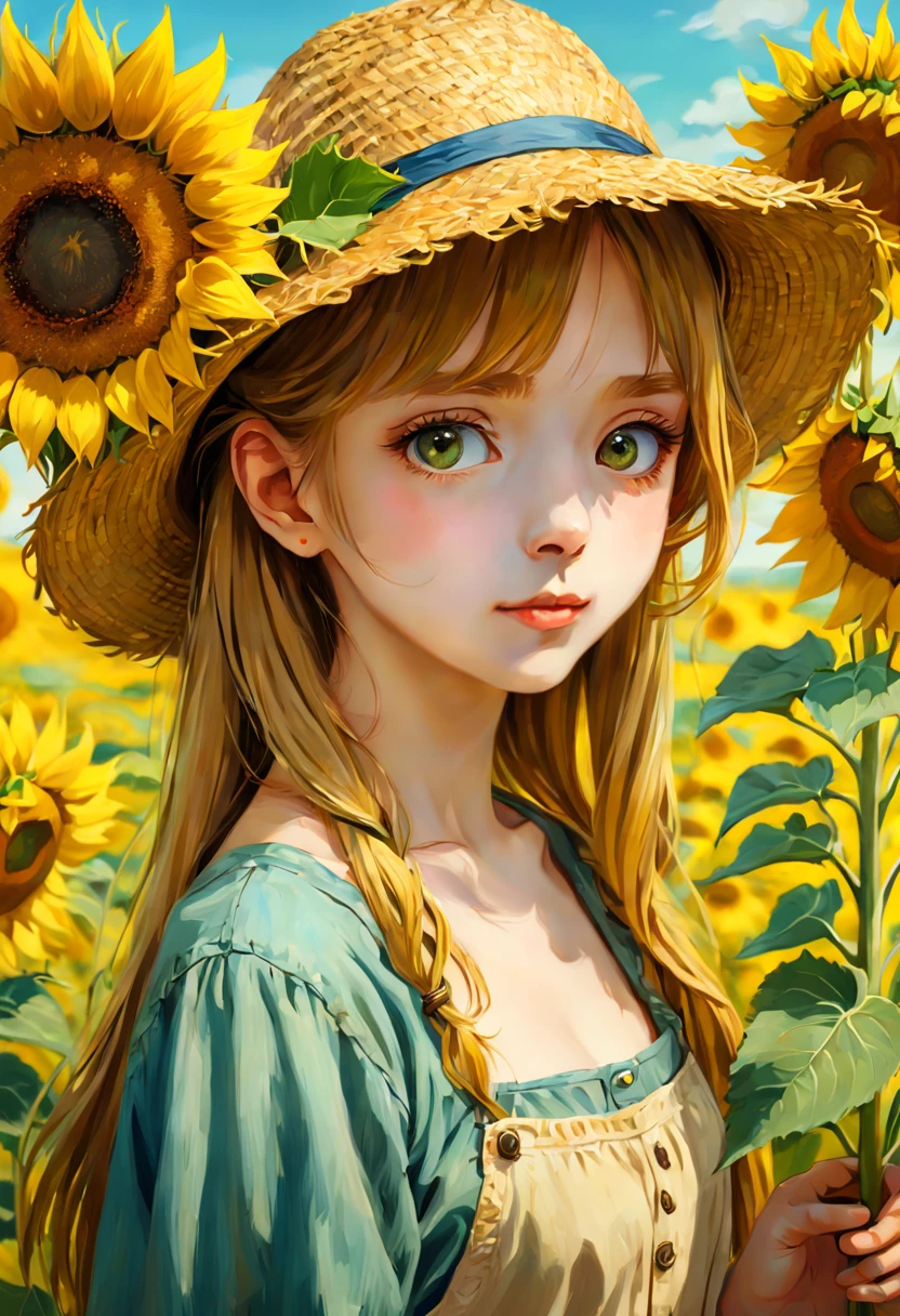 garota fofa com girassóis no cabelo e um chapéu de palha, lindo girassol uma menina, obra de arte no estilo de vincent van gogh, arte de anime limpa e detalhada, pintura a óleo detalhada, estilo Van Gogh, tendências no artstation pixiv