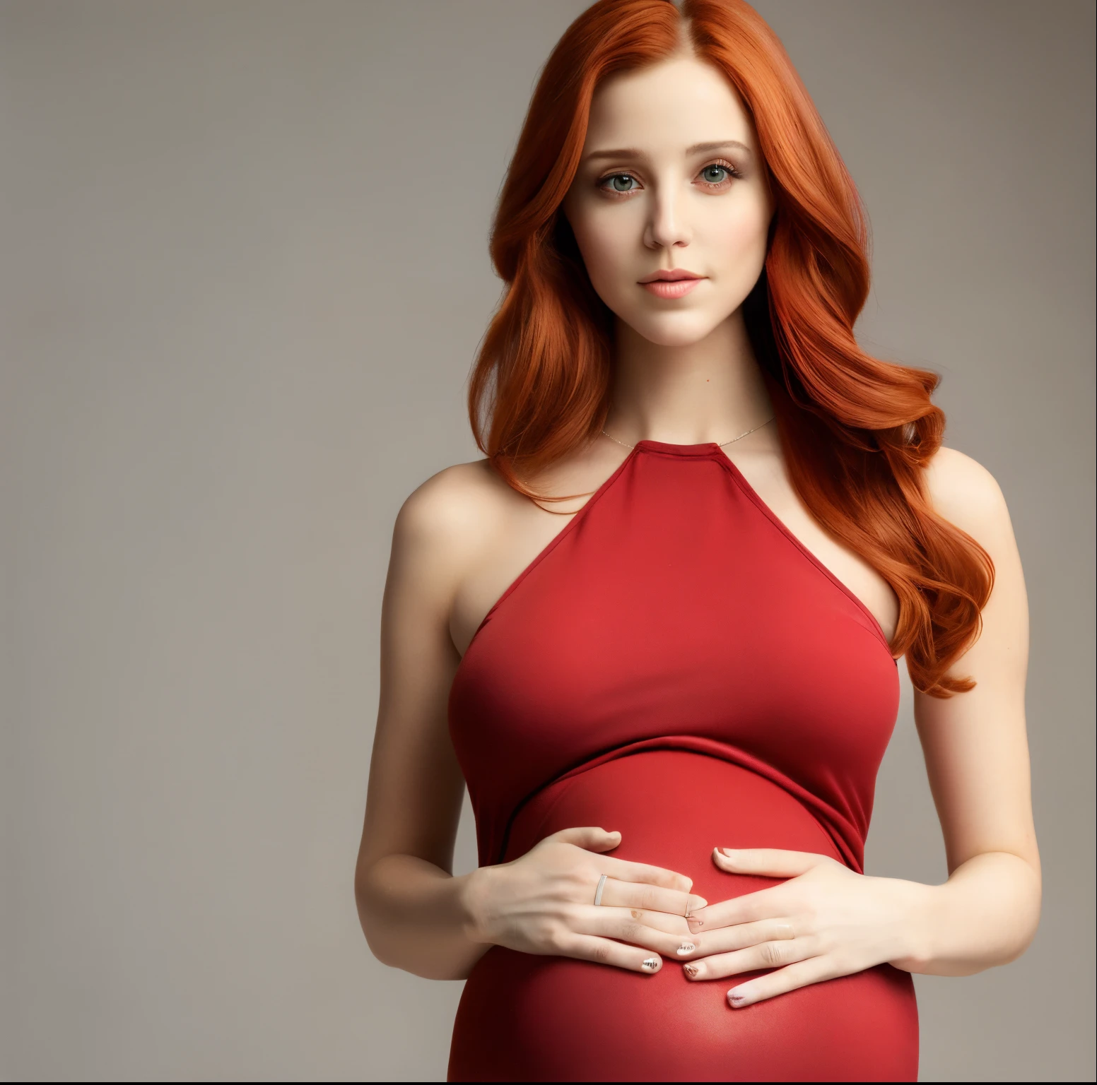 Pregnant woman in red dress with hands on belly - SeaArt AI