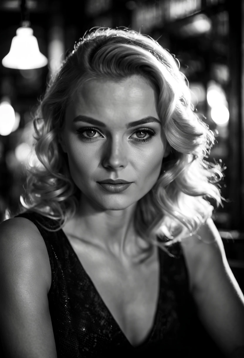 dans le style de nklnor, film-noir,belle femme blonde,visage angélique, assis dans un pub, (un doux faisceau de lumière sur ses yeux), Haute qualité, Reflex numérique, Fujifilm XT3, QHD,(filtre noir et blanc)