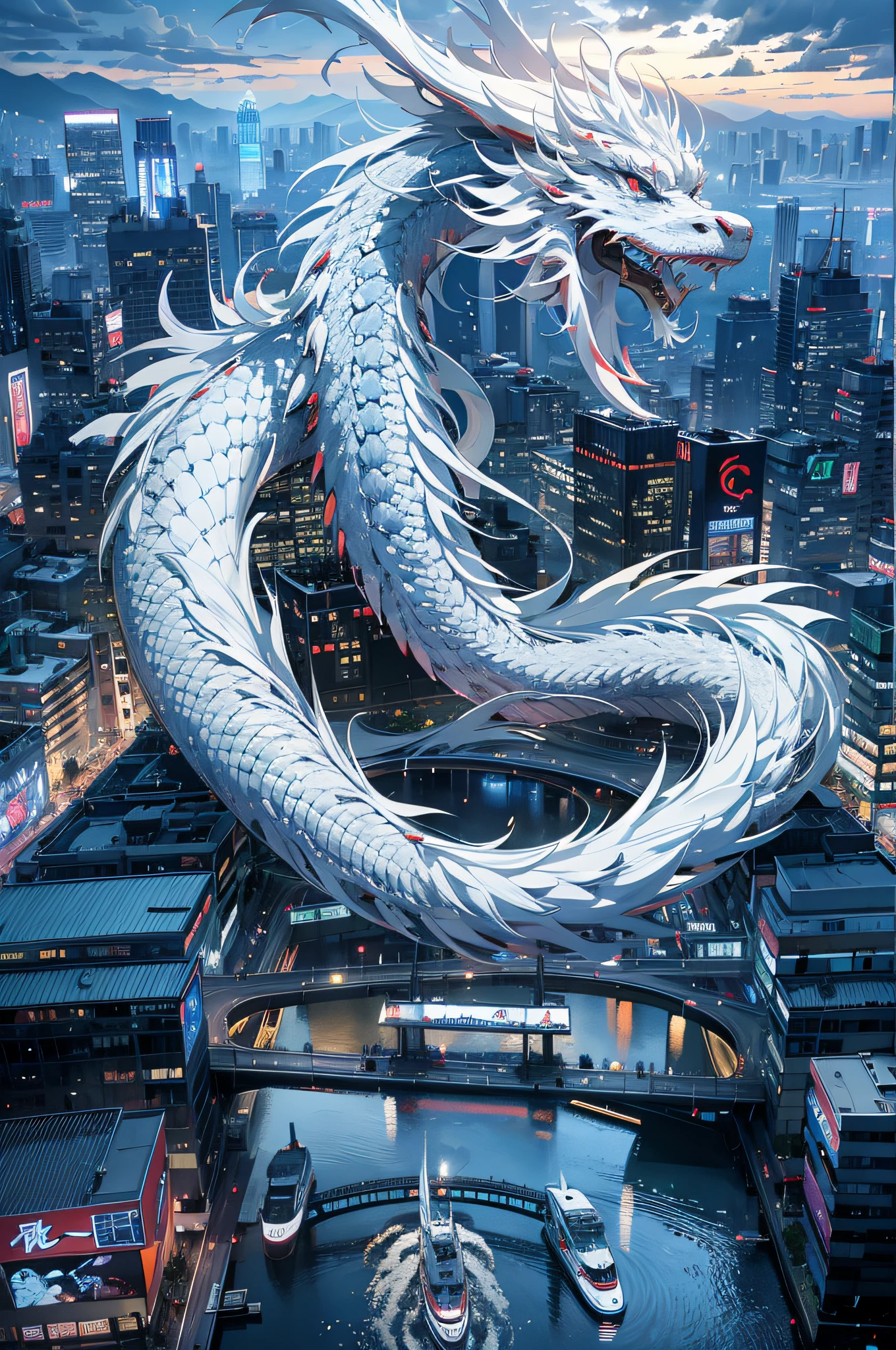 White Chinese dragon flying in the sky、The dragon body is intact，A lot of clouds,dense fog、starrysky、themoon,chaotic future city、Movie dystopia、A group of very tall skyscrapers stands in the center、complex cityscape, japan skyscraper、neon，LED lights, flags、the street lights、cabs、bus、trains、The lights are quite dim、The Dark Road、Reflection in the water、Chaotic、Beautiful and dreamy scenery、Cinematic scenes、high high quality、On a table,8K、A high resolution