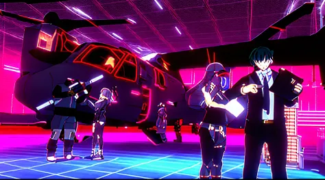 anime characters standing in front of a black airplane in a hangar, video game screenshot>, blue - ray screenshot, noire moody scene, vrchat, pc screenshot, 2 d anime, pixiv 3dcg, anime bullet vfx, rings asuka iwakura station game, nier automata spaceship ...