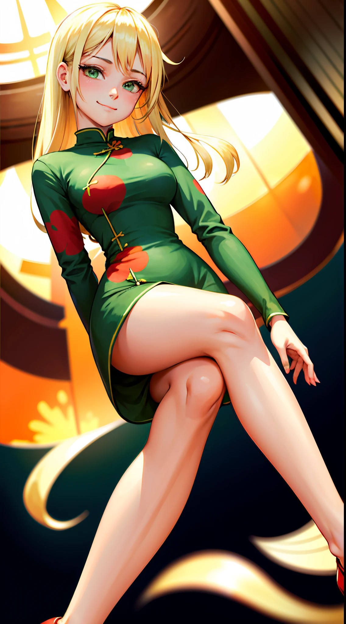 1girl, masterpiece, (detailed background), best quality, absurdres,
smirk, qipao, bare legs, high heels, closed mouth, from below,
mlpdash, personification, blonde hair, orange skin, green eyes