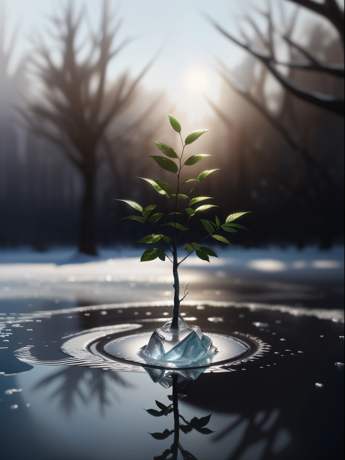 concept art of a small tree, stuck in an ice block in a puddle, reflections, refraction, shiny ice, intricate details, Spring atmosphere, bokeh, Epic backstory . Digital Artwork, illustrative, painterly, matte painting, Highly detailed