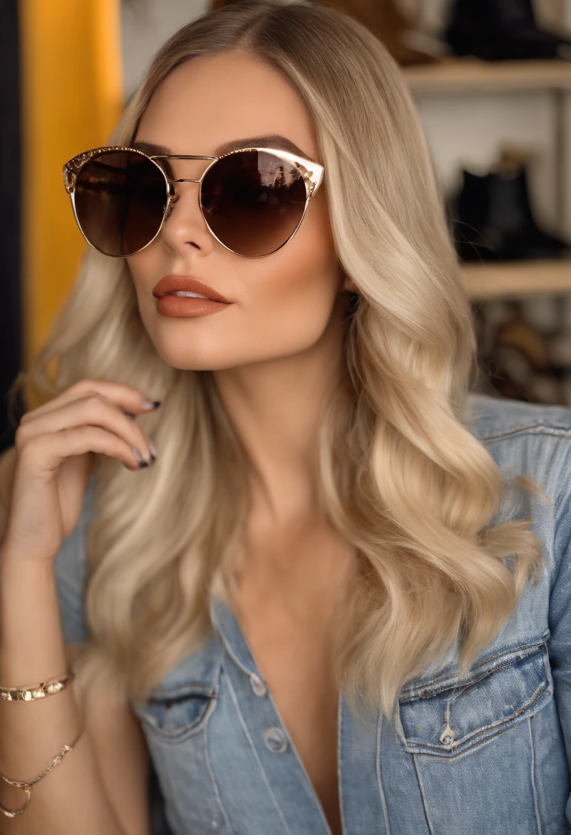 A woman wearing sunglasses and a denim shirt - SeaArt AI