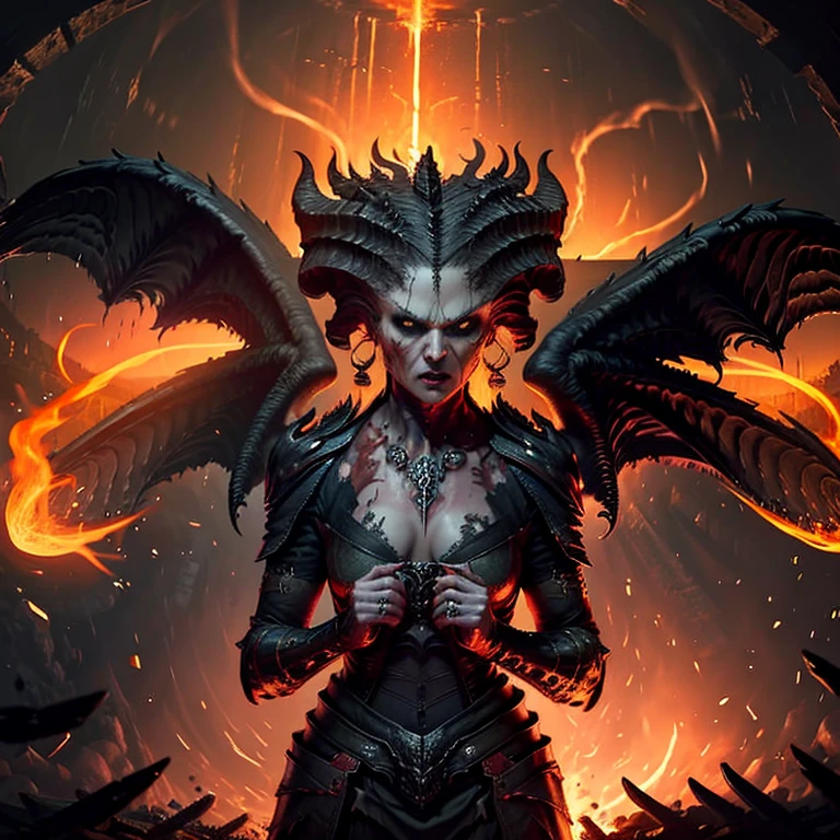 Lilith inside a church, fire, lightning, blood, Face & Chest, Hand grip on photo, angry look, anger, drone, lava, volcanoes, lava sea, in the style of D14bl0