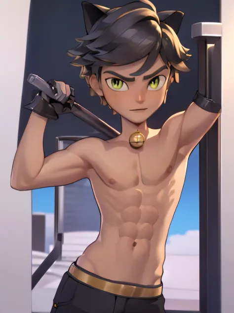 Highres, Masterpiece, Best quality at best,Best Quality, 1boy, cat noir, watch, (shirtless, topless, bare chest), close-up the body, upper body,  the day, summer, (armpit)