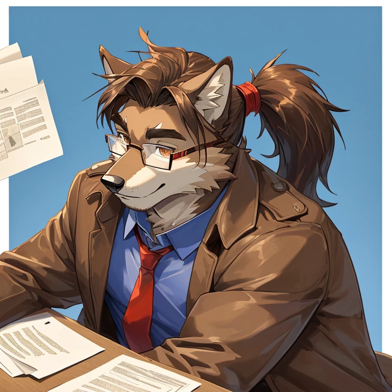 ((best quality)), ((masterpiece)), (detailed), perfect face ((A brown wolf anthropomorphic)) ((He wearing brown trench coat and red tie, under blue shirt)) ((He hugs paper)) ((Background in a classroom)) ((He has ponytail and wearing glasses))
