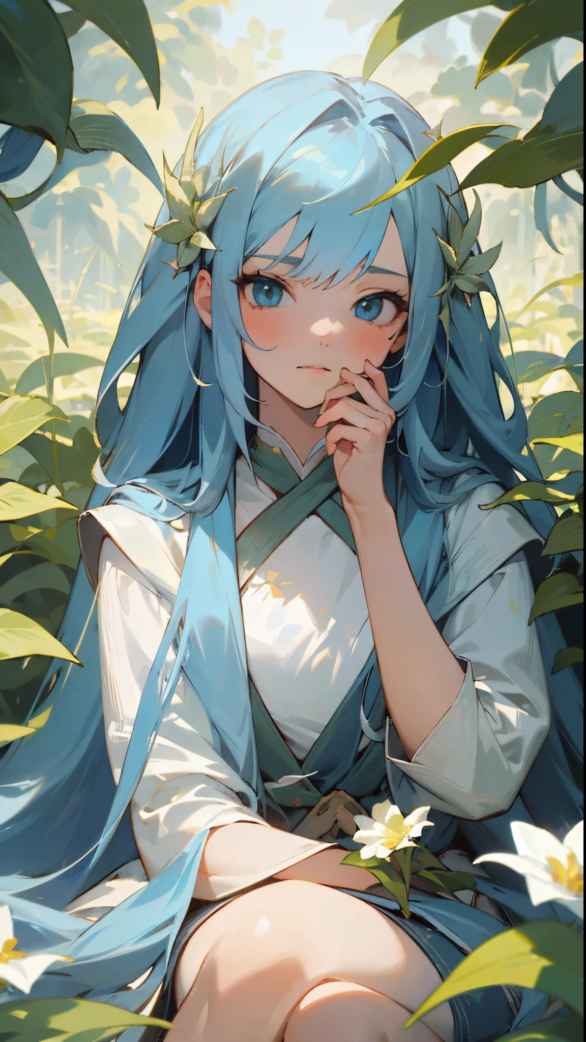 (masterpiece, best quality),1girl with long blue hair sitting in a field of green plants and flowers, her hand under her chin, warm lighting,