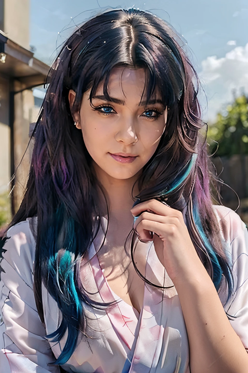 (masterpiece), (((highest quality)), (super detailed), 1 girl, (iridescent hair, colorful hair, half blue and half pink hair: 1.2), 17 years old, (yukata: 1.2), outdoor, bangs, smile, sky blue eyes, perfect hands, perfect hands, hand details, corrected fingers. Earrings, Night Store + Background, looking_at_viewer, Cowboy Shot, Top Quality, Rich Detail, Perfect Image Quality,