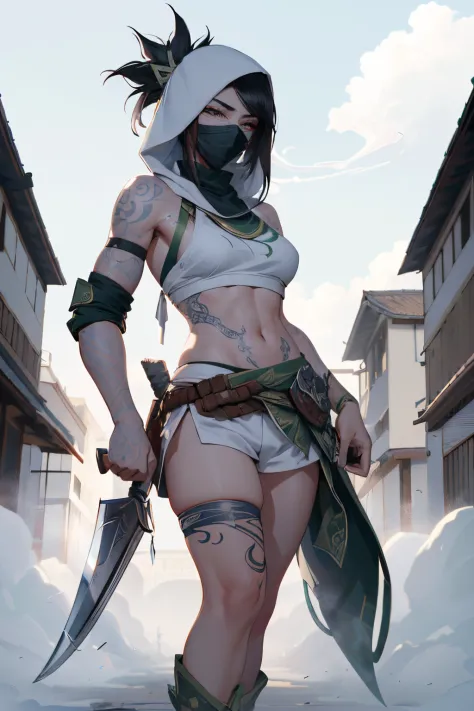 (best quality,4k,8k,a high resolution,tmasterpiece:1.2),smoke background, akali, 1个giant breast girl, long_the sleeve,white hood...