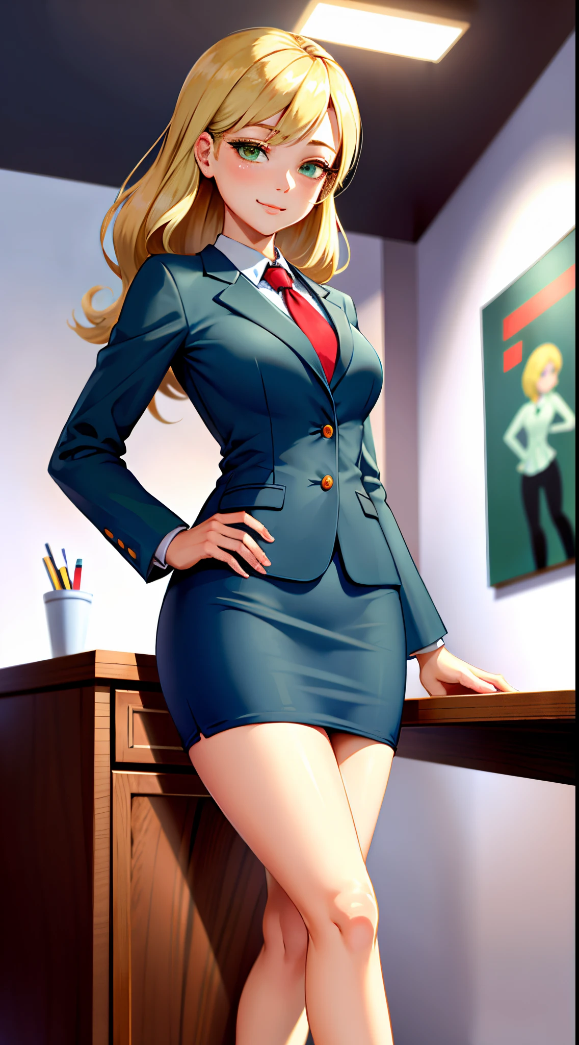 1girl, masterpiece, (detailed background), best quality, absurdres,
smirk, dressed like secretary, business suit, skirt suit, blazer, pencil skirt, bare legs, high heels, closed mouth, office, personification, blonde hair, orange skin, green eyes