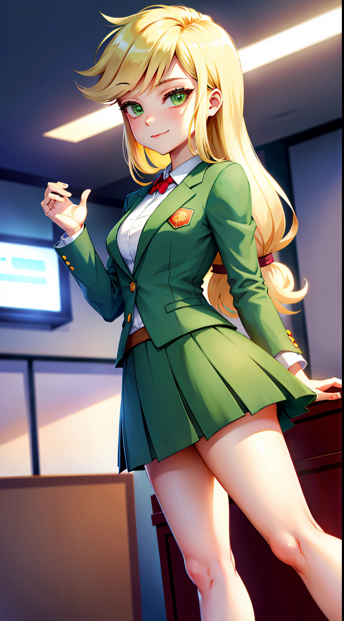 1girl, masterpiece, (detailed background), best quality, absurdres,
smirk, mlpapplejack, dressed like secretary, business suit, skirt suit, blazer, pencil skirt, bare legs, high heels, closed mouth, office, personification, blonde hair, orange skin, green eyes