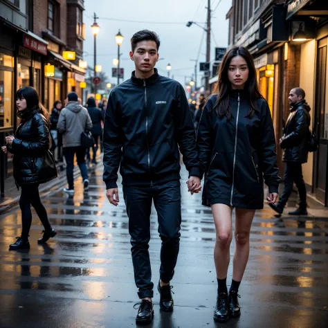 ((1 woman)), ((1 Man)), holding hands, walking in street, dense atmosphere,best quality, highres,ultra-detailed, realistic, portrait, photography, soft colors, street lamp, urban setting, close-up, layered winter clothing, street corner, urban lifestyle, s...