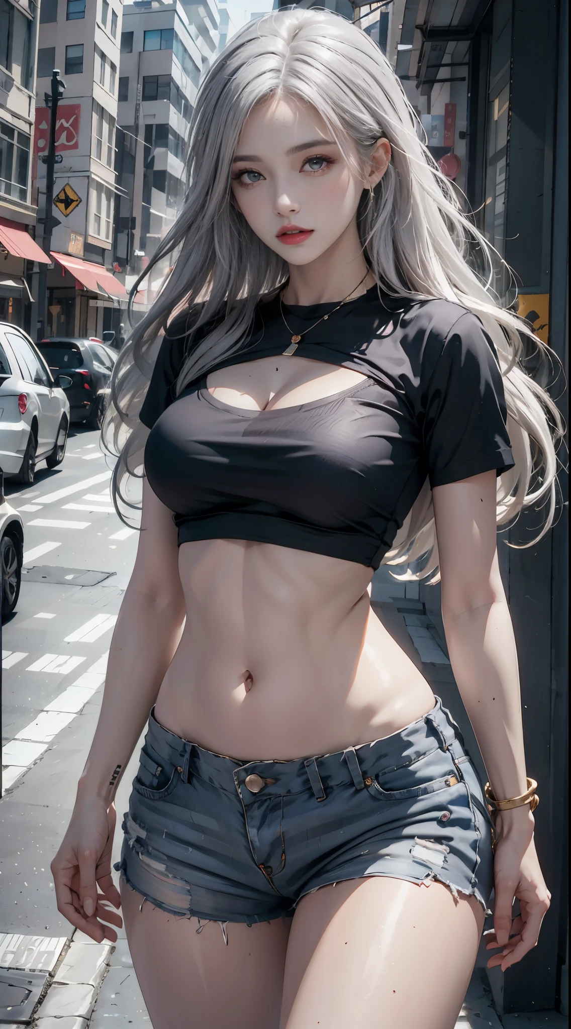 photorrealistic, high resolution, 1Women, shining skin, standing alone, jewelries, pink lips, long  white hair, blue colored eyes, cloused mouth, hips up, gray short sleeves, open abdomen, Super Short Black, street wear