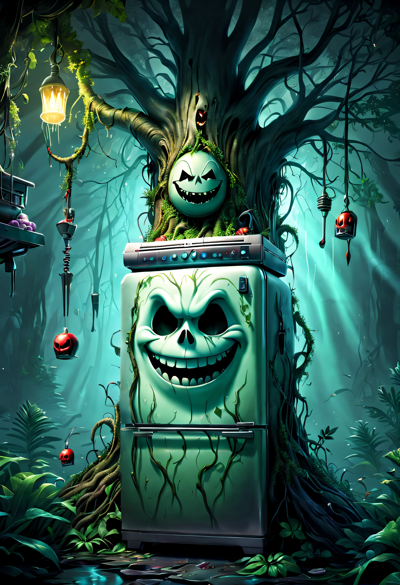 幽霊の冷蔵庫が木に生える，(冷蔵庫は邪悪な笑みを浮かべる:1.5)，邪悪な笑み，魔法の木，魔法の木，木は台所用品で覆われています，壮大なシュールなアートスタイル,壮大なゴシックアートスタイル,壮大なデジタル ファンタジー イラスト,壮大な神話のアート スタイル,壮大なファンタジーアートスタイル， 背景の魔法のジャングル, SFアート, ，素晴らしい，超リアル，スリラー，ゴーストツリー，