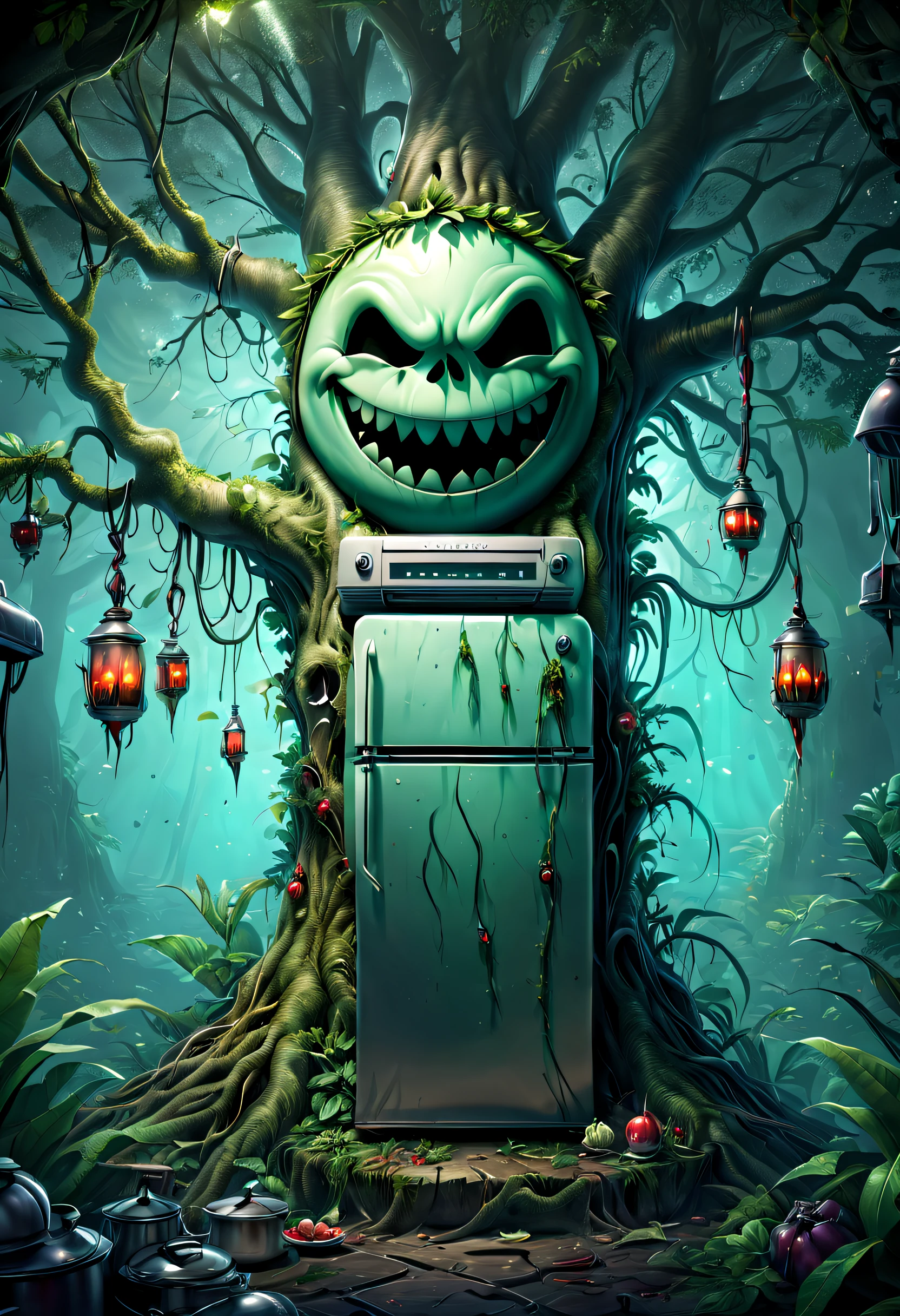 Haunted refrigerator grows on tree，(The refrigerator shows an evil smile:1.5)，evil grin smile，Magical tree，enchanted tree，The tree is covered with kitchen utensils，Epic surreal art style,epic gothic art style,Epic digital fantasy illustrations,epic mythology art style,Epic fantasy art style， Background magic jungle, sci fi art, ，Excellent，hyper realisitc，Thriller，Ghost Tree，