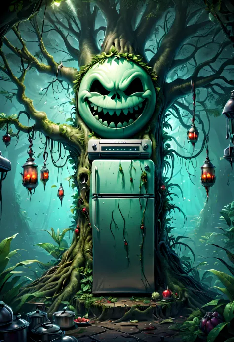 haunted refrigerator grows on tree，(the refrigerator shows an evil smile:1.5)，evil grin smile，magical tree，enchanted tree，the tr...