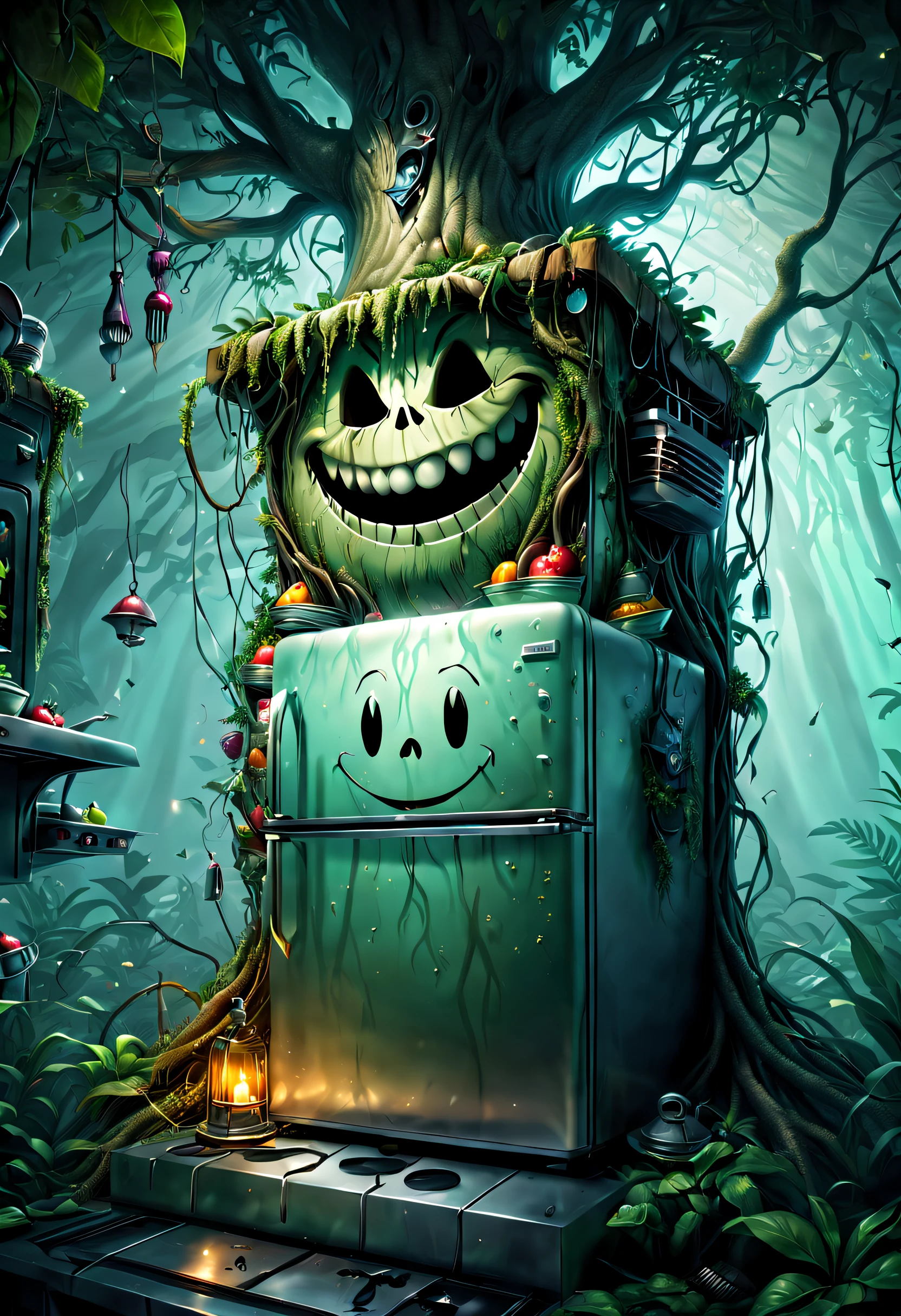 Haunted refrigerator grows on tree，(The refrigerator shows an evil smile:1.5)，evil grin smile，Magical tree，enchanted tree，The tree is covered with kitchen utensils，Epic surreal art style,epic gothic art style,Epic digital fantasy illustrations,epic mythology art style,Epic fantasy art style， Background magic jungle, sci fi art, ，Excellent，hyper realisitc，Thriller，Ghost Tree，