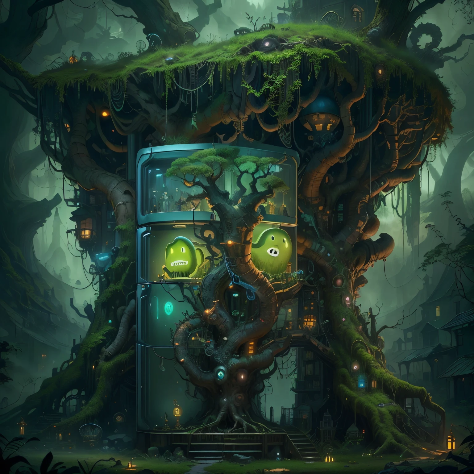 (tmasterpiece),（ultra - detailed：1.3），Best quality，Haunted refrigerator grows on tree，(The refrigerator shows an evil smile:1.5)，evil grin smile，Magical tree，enchanted tree，The tree is covered with kitchen utensils，a strange world, Thriller horror design style, natta， glomy，Epic surreal art style,epic gothic art style,Epic digital fantasy illustrations,epic mythology art style,Epic fantasy art style， Background magic jungle, sci fi art, ，Excellent，hyper realisitc，Thriller，Ghost Tree，