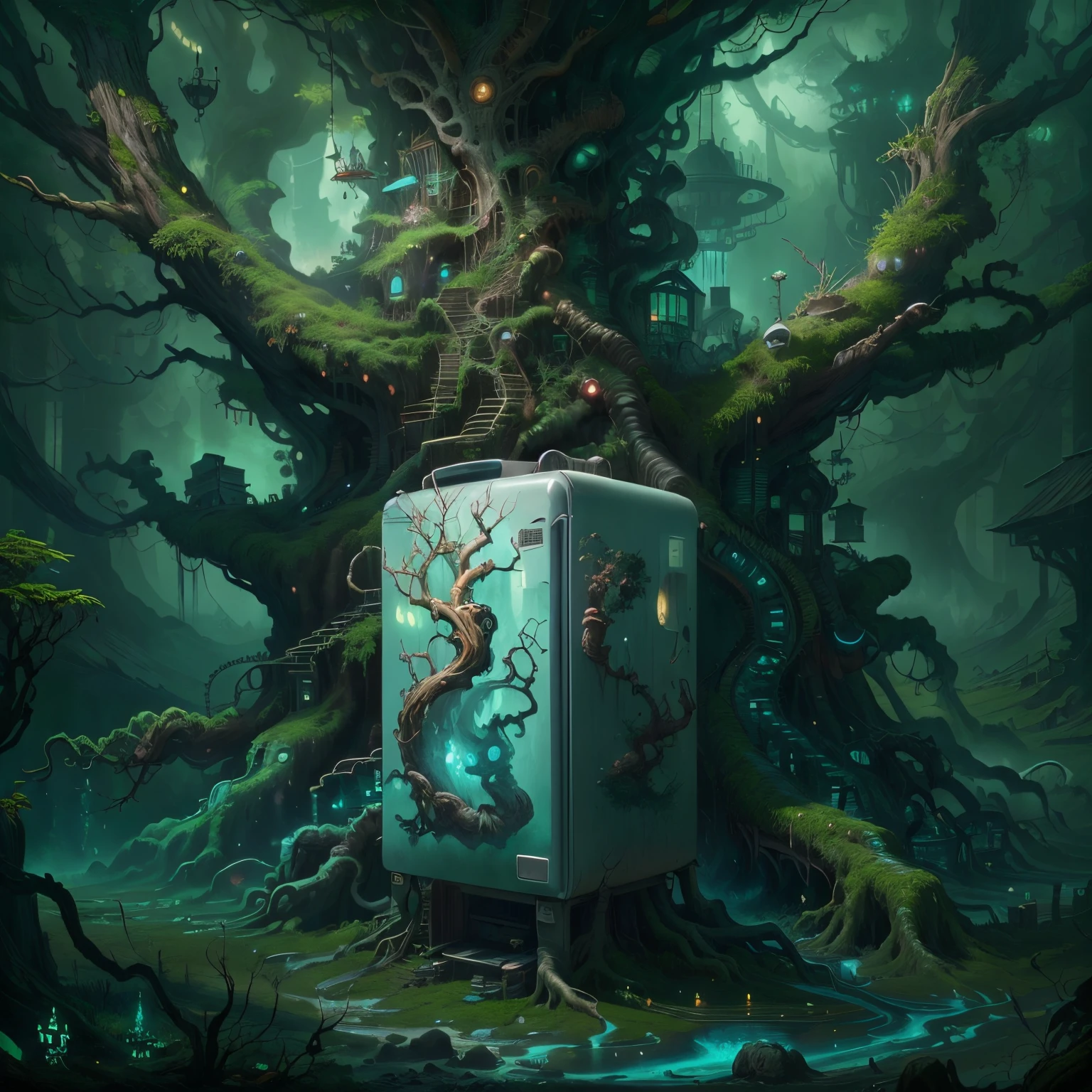 幽霊の冷蔵庫が木に生える，(冷蔵庫が変な笑みを浮かべる:1.5)，邪悪な笑み，魔法の木，魔法の木，木は台所用品で覆われています，壮大なシュールなアートスタイル,壮大なゴシックアートスタイル,壮大なデジタル ファンタジー イラスト,壮大な神話のアート スタイル,壮大なファンタジーアートスタイル， 背景の魔法のジャングル, SFアート, ，素晴らしい，超リアル，スリラー，ゴーストツリー，