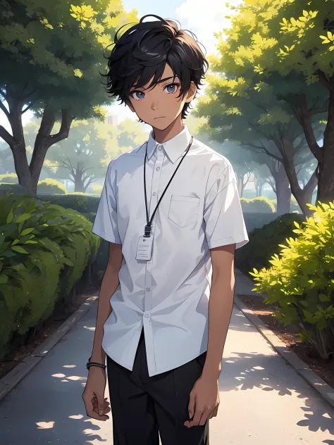 1boy, young male, age 12, solo, detailed eyes, light skin, masterpiece, (untuckedshirt:1.2), student, white long shirt, short sl...