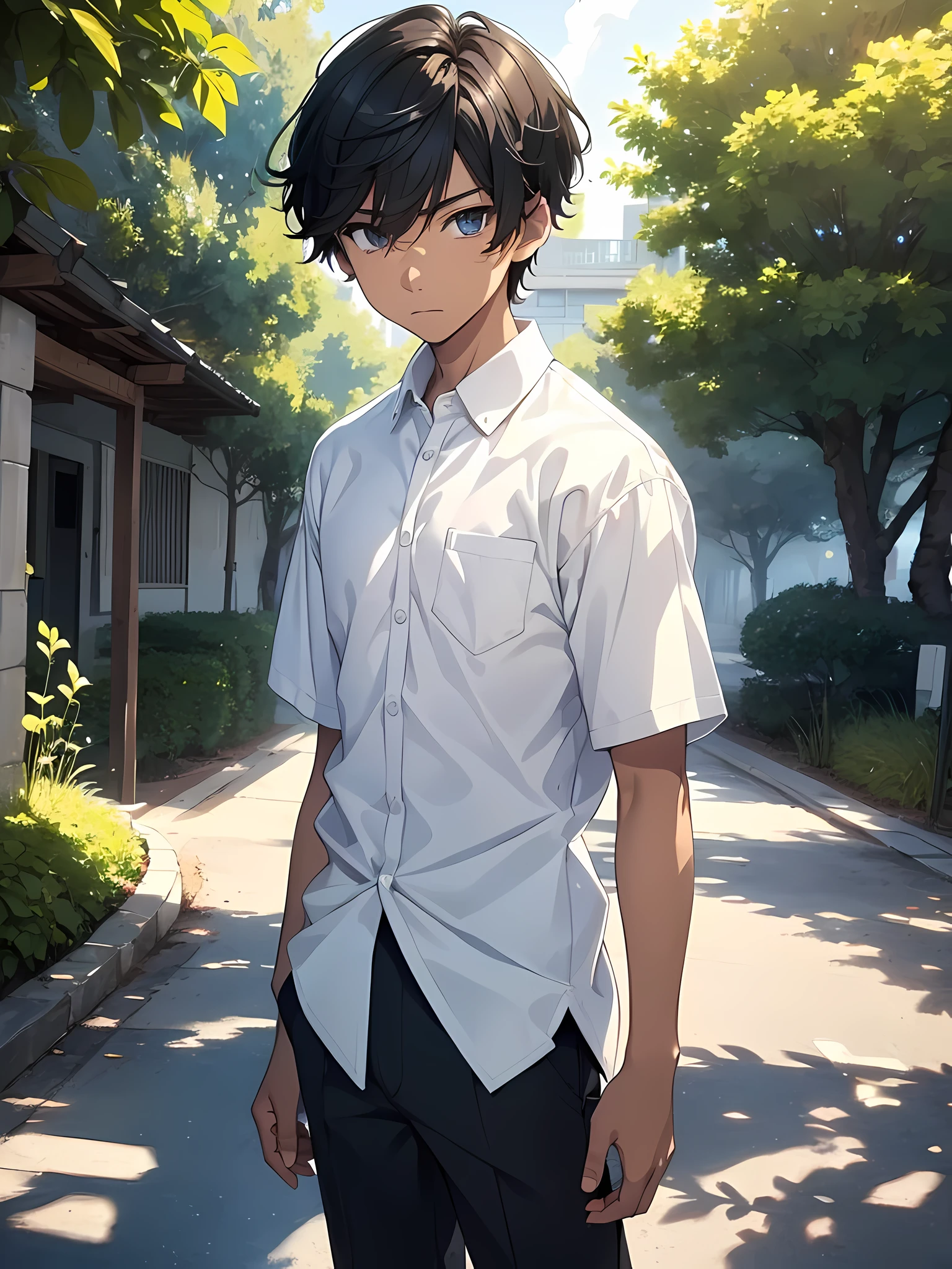 1boy, young male, age 12, solo, detailed eyes, light skin, masterpiece, (UntuckedShirt:1.2), student, White long shirt, short sleeves, long black pants, wearing lanyard, full body, park, nature park, anime, line art anime