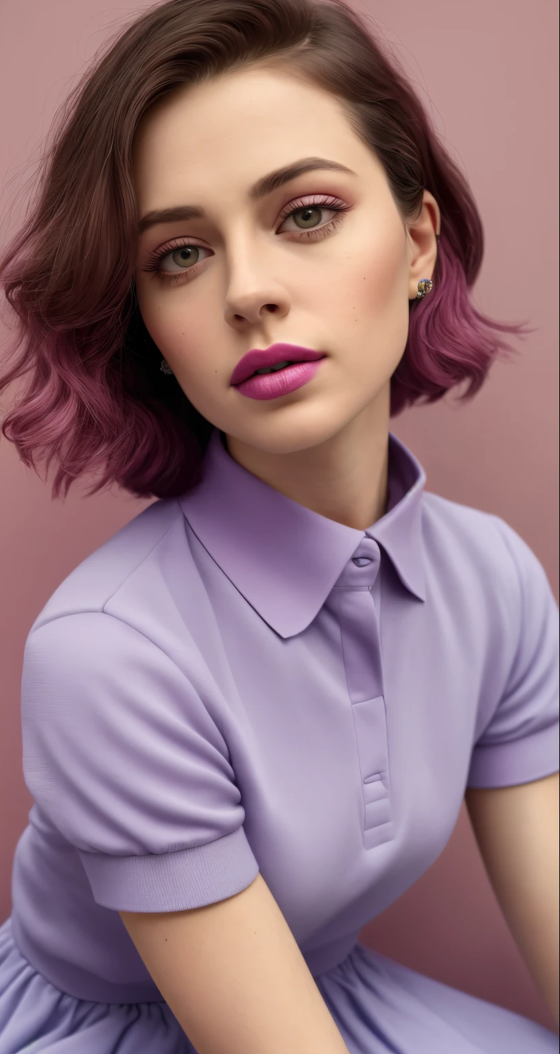 tiktok photo of 37 years old woman, closeup, RAW, masterpiece, realistic, hyper realistic, muted color, film grain, 
looking at viewer, polo's pastel perfection looking 80s casual soft collars, fascinating, 
wearing Magenta dress flower,